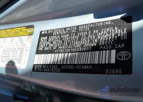 2006 Toyota Camry Le z USA, uszkodzony, nr VIN 4T1BE32K16U692602